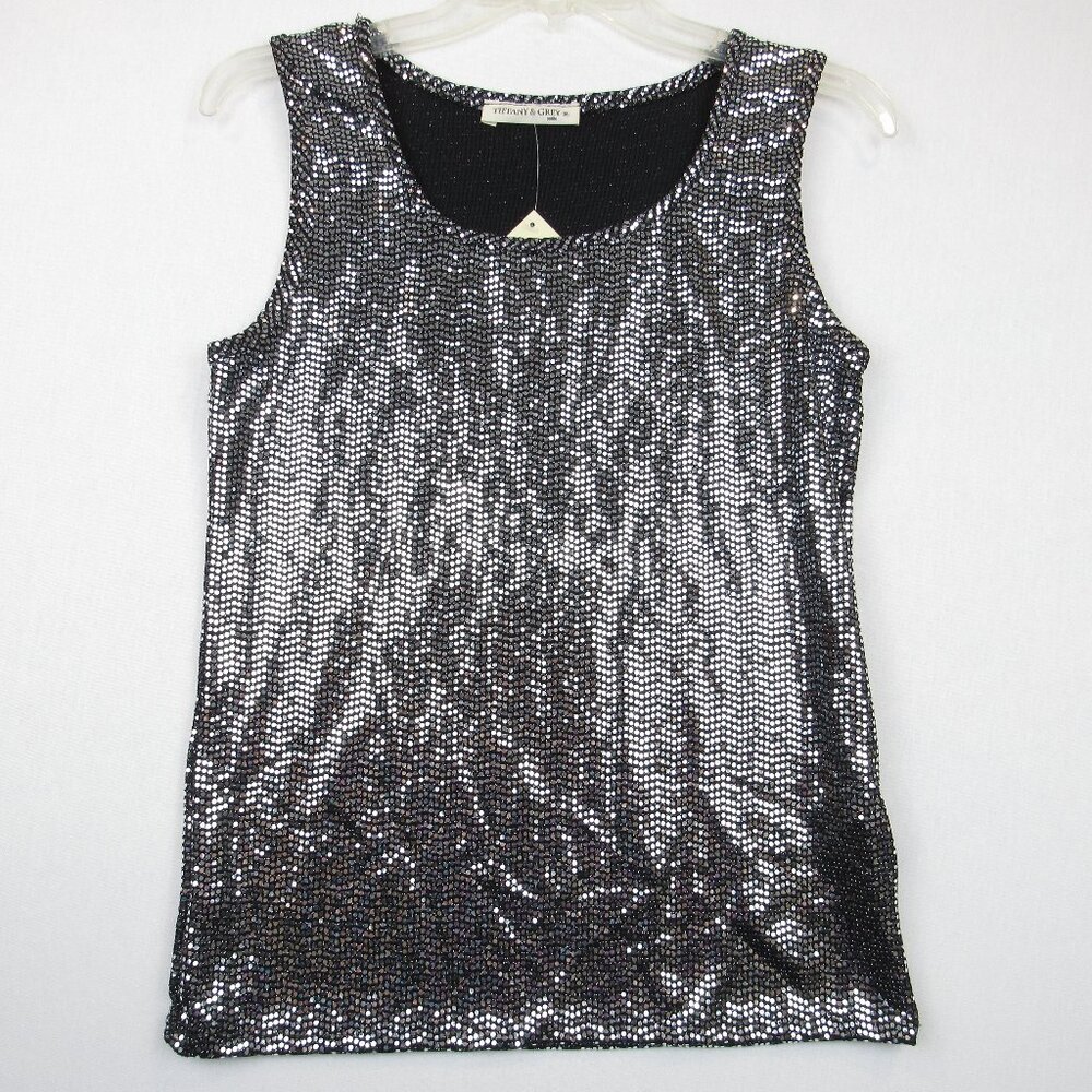 Tiffany & Grey Petite Women's Size M New Faux Sequin Silver Top Sleeveless